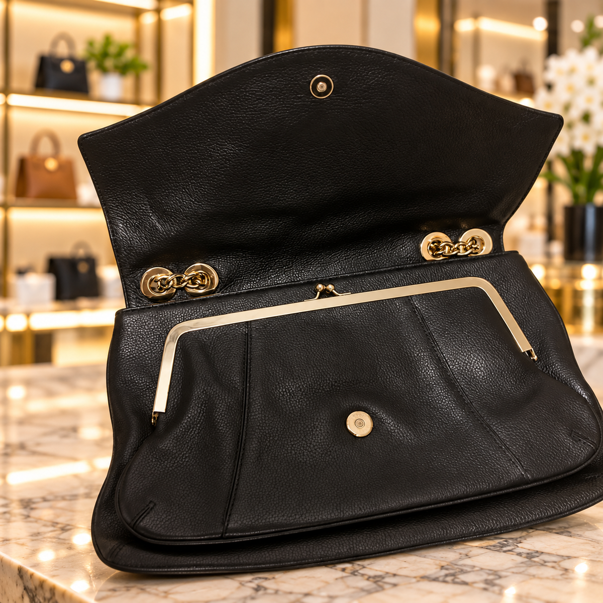 MCM Black Pebbled Leather Flap Shoulder Bag with Kisslock