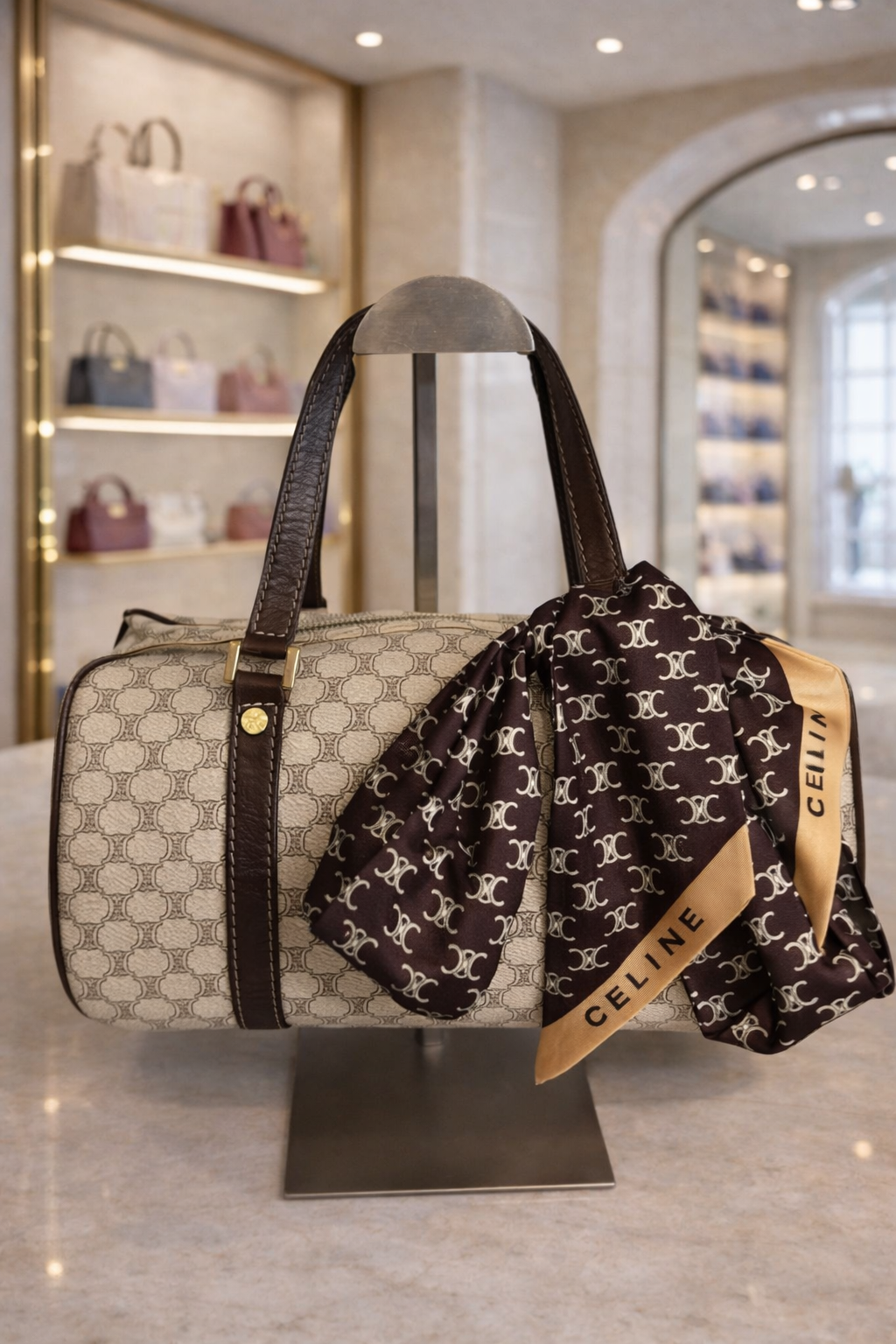 🤎 Celine Vintage Boston Bag + Silk Scarf – Monogram Canvas 🤎