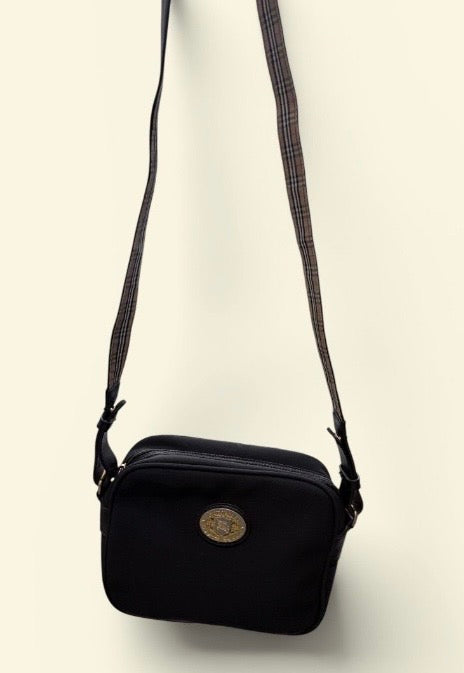 Burberry Vintage Black Crossbody Bag – Gold Crest Detail