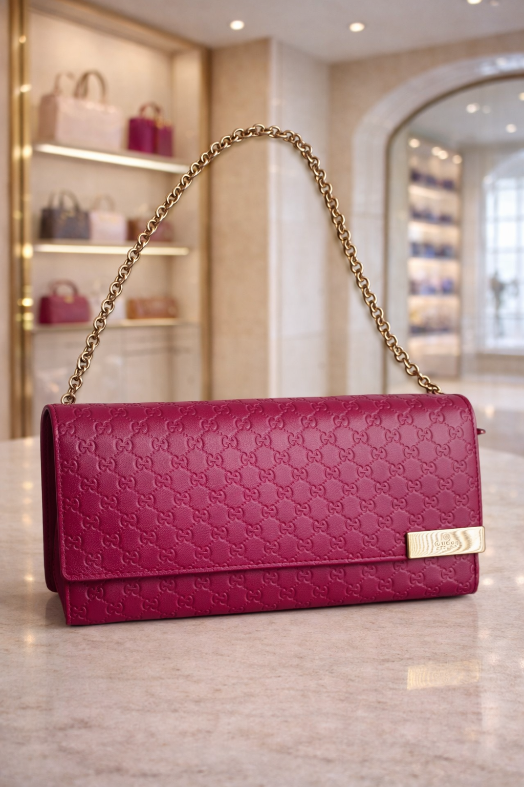 Gucci Pink Guccissima Leather Chain Clutch