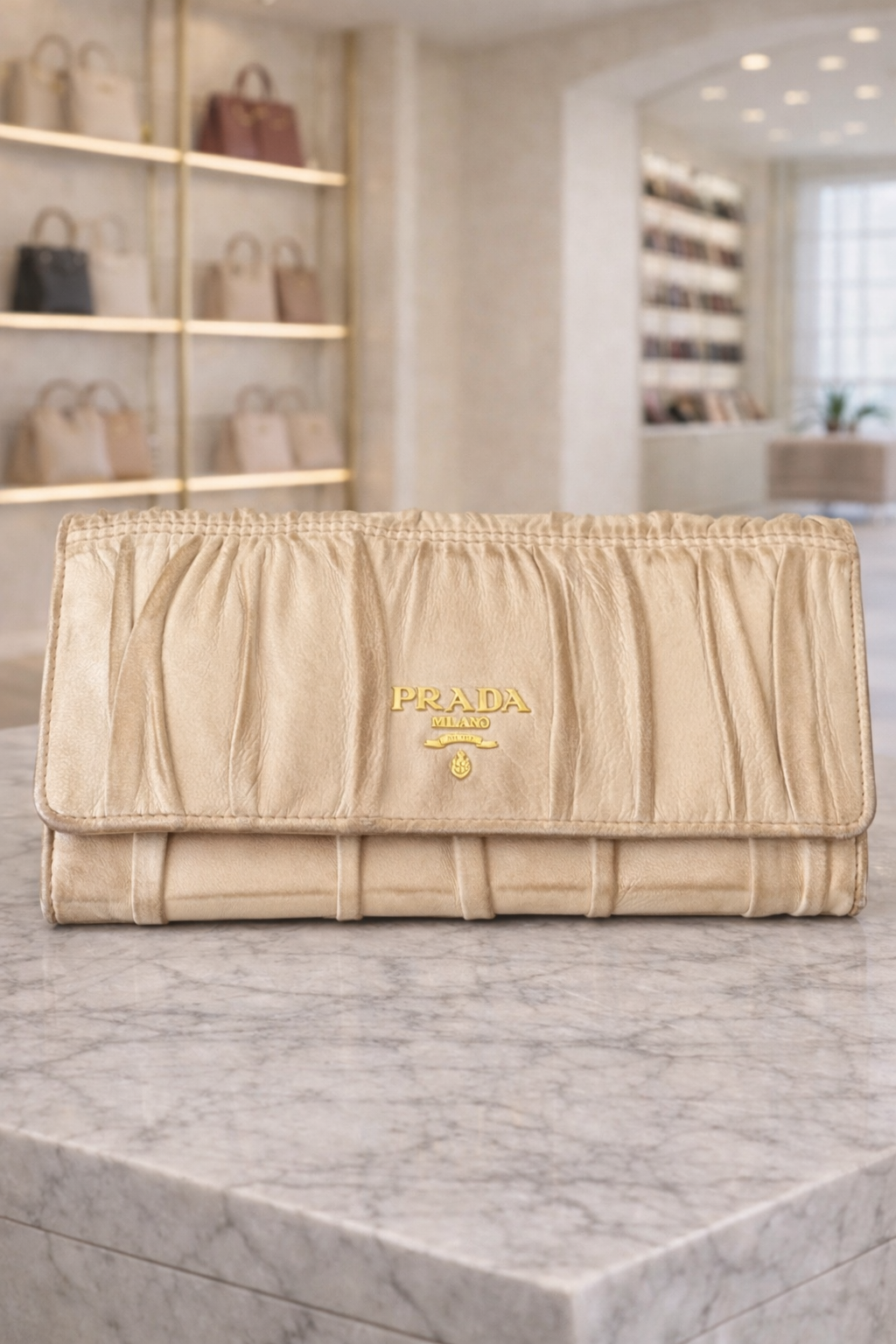Prada Beige Ruched Leather Wallet / Clutch